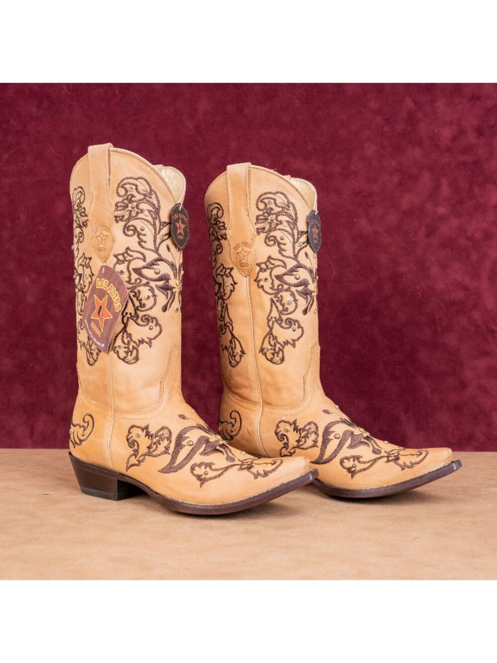 Los Altos Wmn Rhinestones Light Brown Leather Snip Boho Western Cowboy Boots 9.5